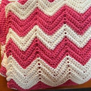 Chevron Patterned Pink and White Afghan.